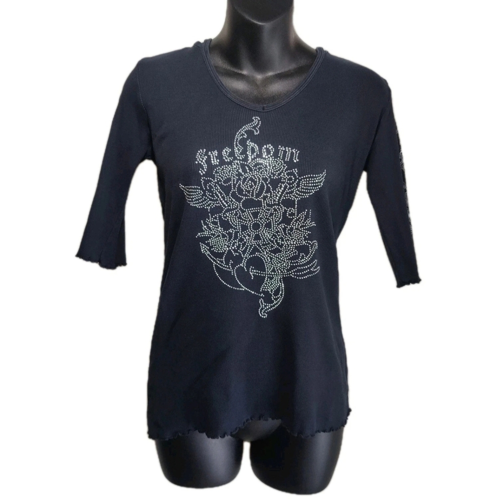 Vintage Freedom Hooded Tshirt Y2K 90s Rock Grunge Retro Rhinestone Biker Women L